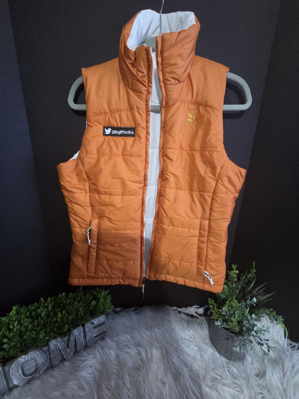 Women’s Reversible Orange And White Quilted Puffer Vest. Size M